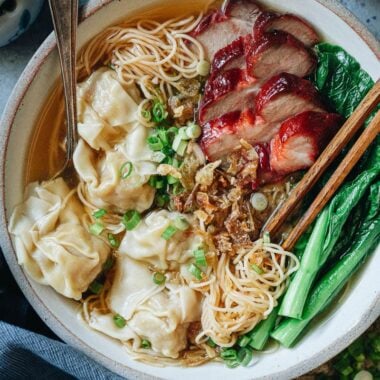 Wonton char siu noodle soup close up