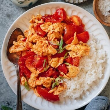 Tomato and egg stir fry served with steamed rice
