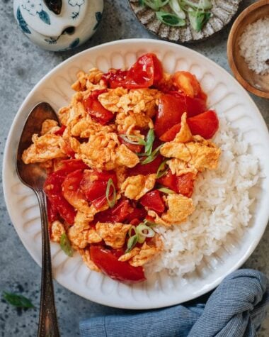 Tomato and egg stir fry served with steamed rice