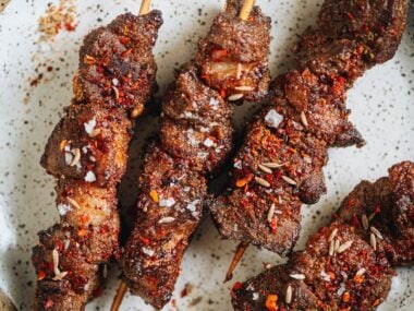 Air fryer lamb skewers close up