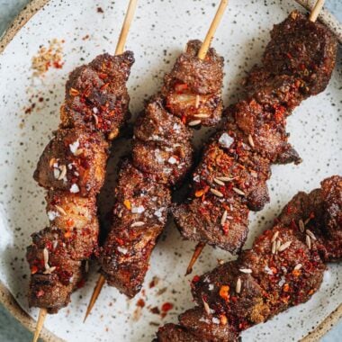 Air fryer lamb skewers close up