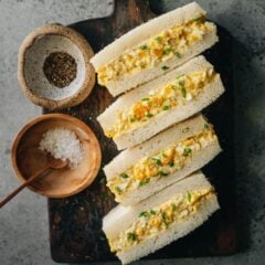 Japanese egg sandwich, or tamago sando, features creamy egg salad packed between light and fluffy Japanese milk bread. It is so easy to put together and holds up well, so it&rsquo;s perfect for a light meal or wrapped up for your kid&rsquo;s lunchbox.