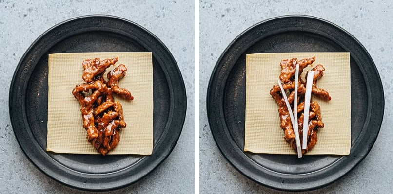 Wrap Jing Jiang Rou Si with tofu sheet