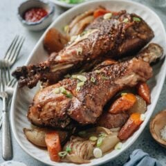 Celebrate the holidays with slow roasted turkey legs that are tender and juicy with a rich flavorful Chinese-inspired spice mix, cooked in one pan with potatoes and carrots. The recipe is so easy to put together and it takes very little active cooking time. It is perfect for celebrating Thanksgiving with a smaller crowd or hosting any gathering or dinner party. {Gluten-Free}