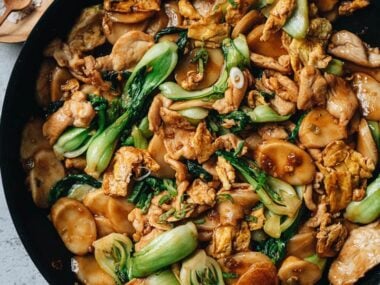 Rice cake stir fried with chicken, egg and baby bok choy