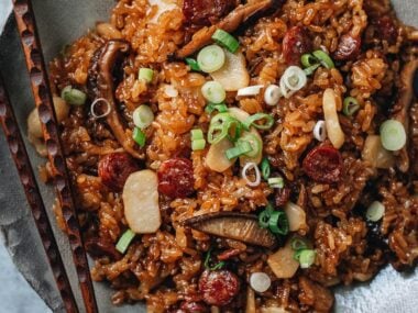 Chinese sausage rice in a bowl