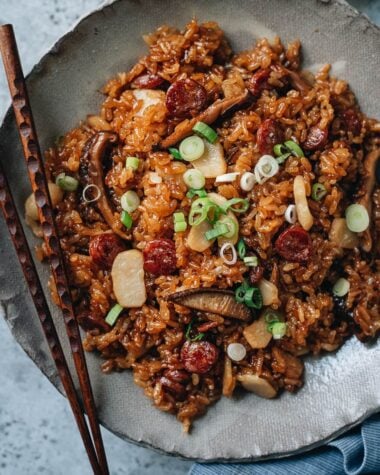 Chinese sausage rice in a bowl