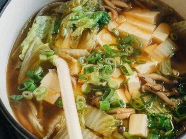 Napa cabbage tofu soup close up