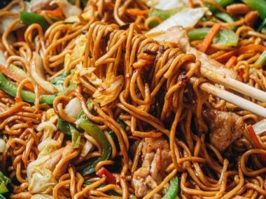 Homemade Chinese fried noodles close up