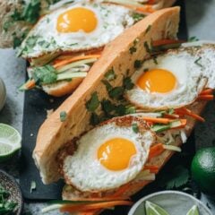 Egg Banh Mi is a Vietnamese sandwich that is made with sunny eggs, sweet-sour pickled carrot, radish and cucumber, cilantro, and garlic mayo. It is easy to put together and bold in flavor. Try it out if you want to spice up your breakfast (or any other meal)! {Vegetarian}