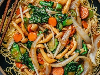 Vegetable pan fried noodles close up