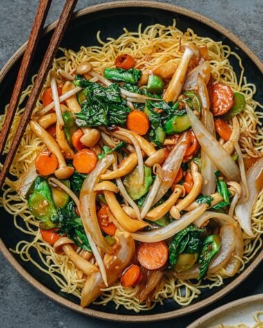 Vegetable pan fried noodles close up