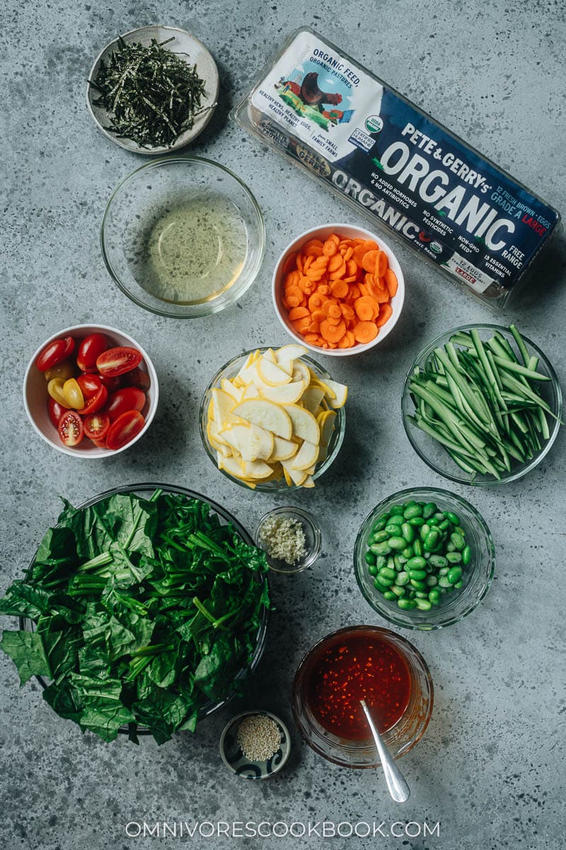Ingredients for making vegetarian Korean rice bowl