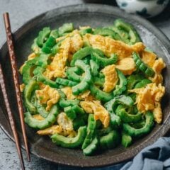 Stir fried bitter melon with eggs requires only five ingredients and a few minutes to put together. It&rsquo;s a comforting dish that&rsquo;s full of nutrition and a great way to add a side dish to complete your meal. {Vegetarian, Gluten-Free}