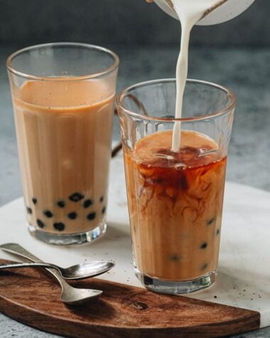 Pouring milk into bubble tea