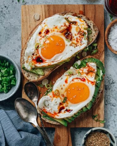 Chinese-style avocado toast on cutting board