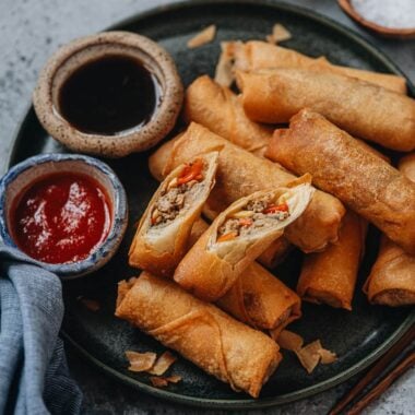 Cantonese style chicken egg rolls close up