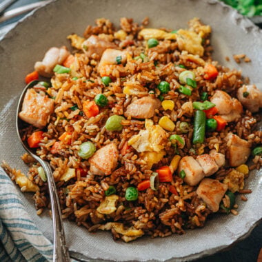 Chinese chicken fried rice served in a bowl