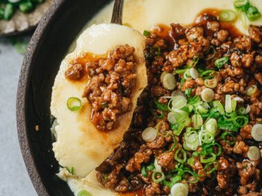 Steamed egg with minced pork close up
