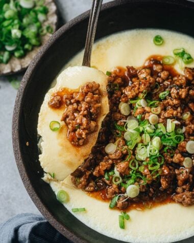 Steamed egg with minced pork close up