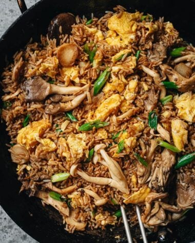Mushroom fried rice in a pan close up
