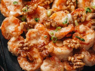 Takeout style walnut shrimp close up