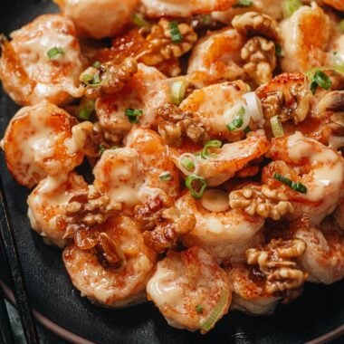 Takeout style walnut shrimp close up