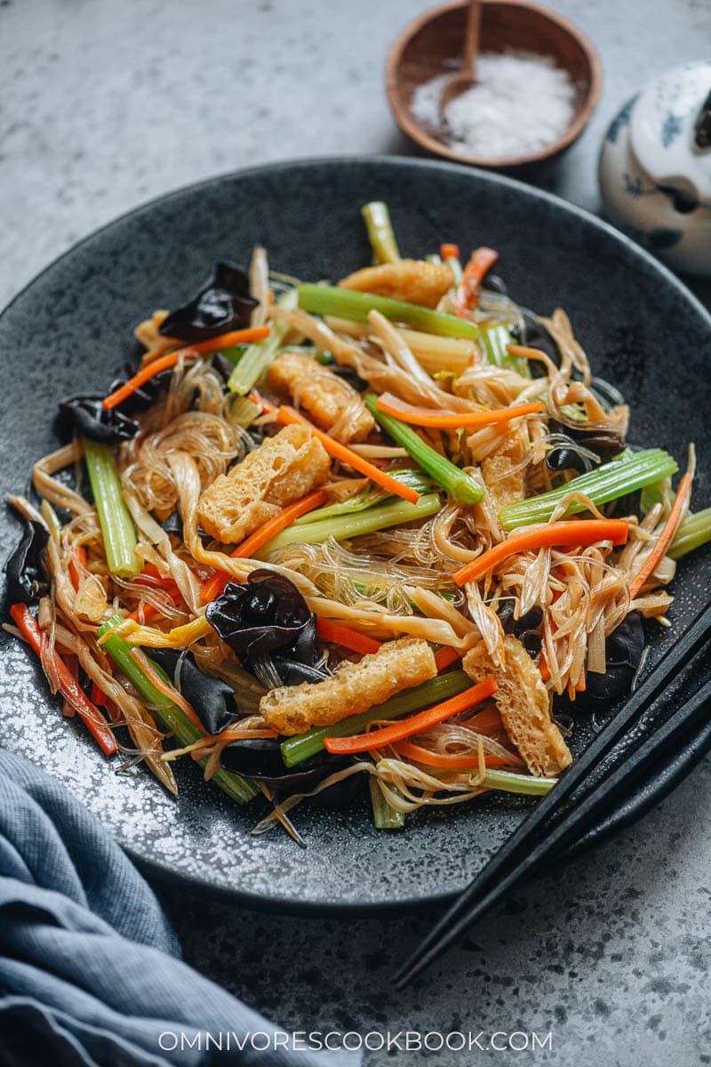 Stir fried celery, carrot, tofu, mushroom and glass noodles