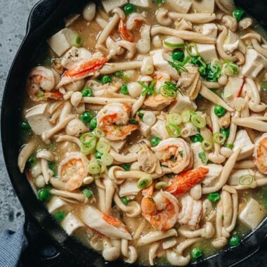 Seafood tofu stew close up