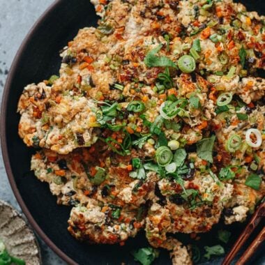 Ground turkey and tofu patty close up