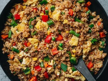 Homemade beef fried rice in a pan