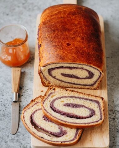 Taro loaf bread sliced