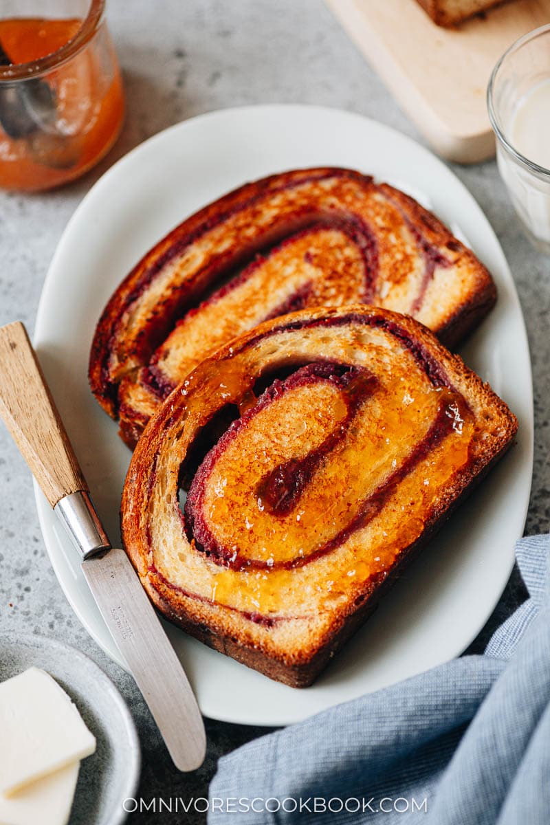 Taro bread toast with butter and jam