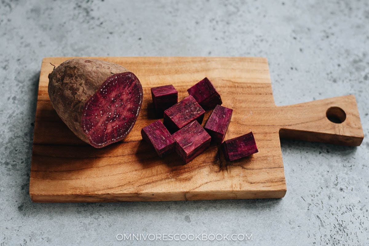 Cut up purple sweet potato