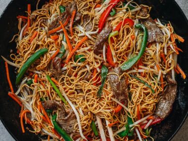 Homemade beef chow mein with peppers and onion