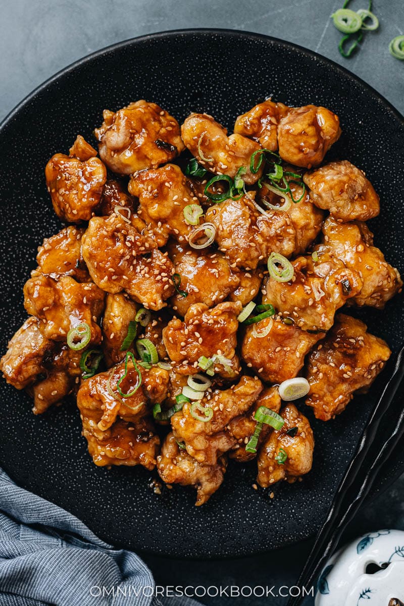 Crispy sesame chicken close up