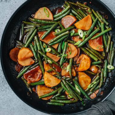 Chinese style green bean and potato stew in a pan