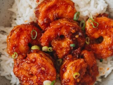 Shrimp in chili garlic sauce with rice close up