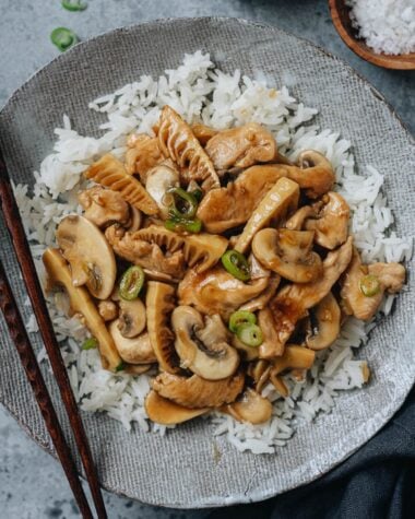 Mushroom chicken stir fry over rice close up
