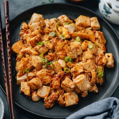 Egg and tofu stir fry served in a plate