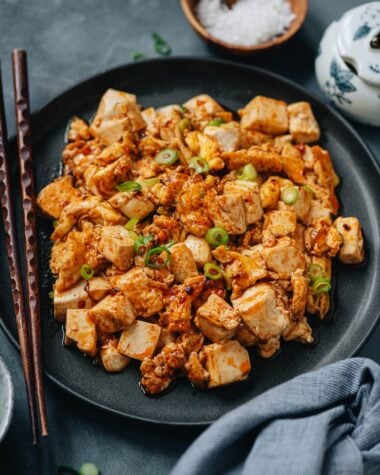 Egg and tofu stir fry served in a plate