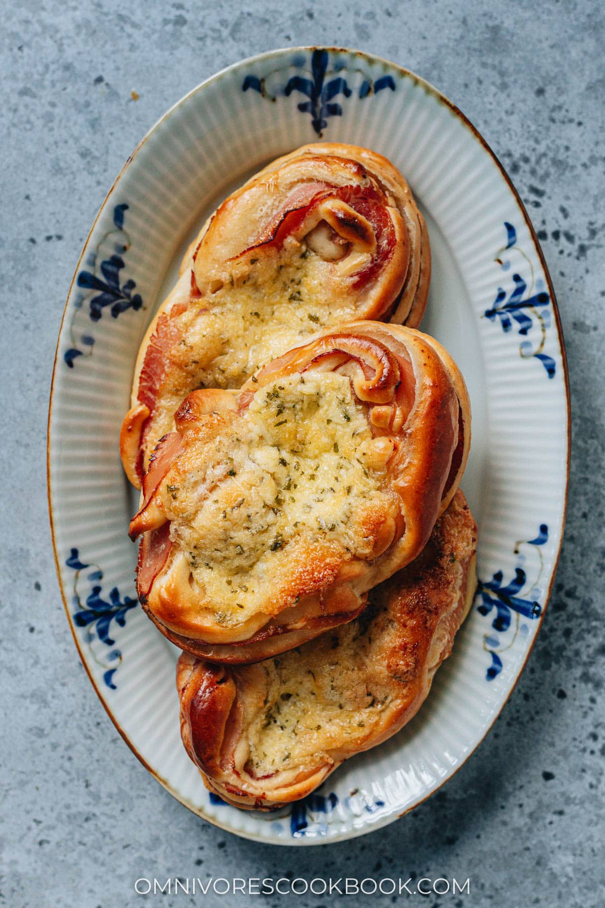 Chinese ham and cheese buns on a plate