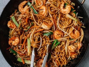Homemade shrimp lo mein in a pan