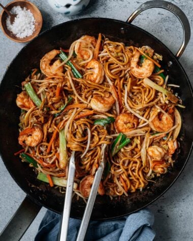 Homemade shrimp lo mein in a pan