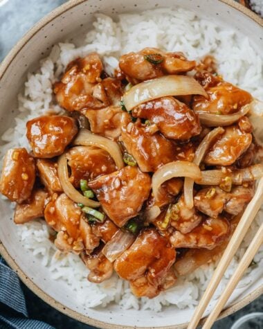 Bourbon chicken over rice
