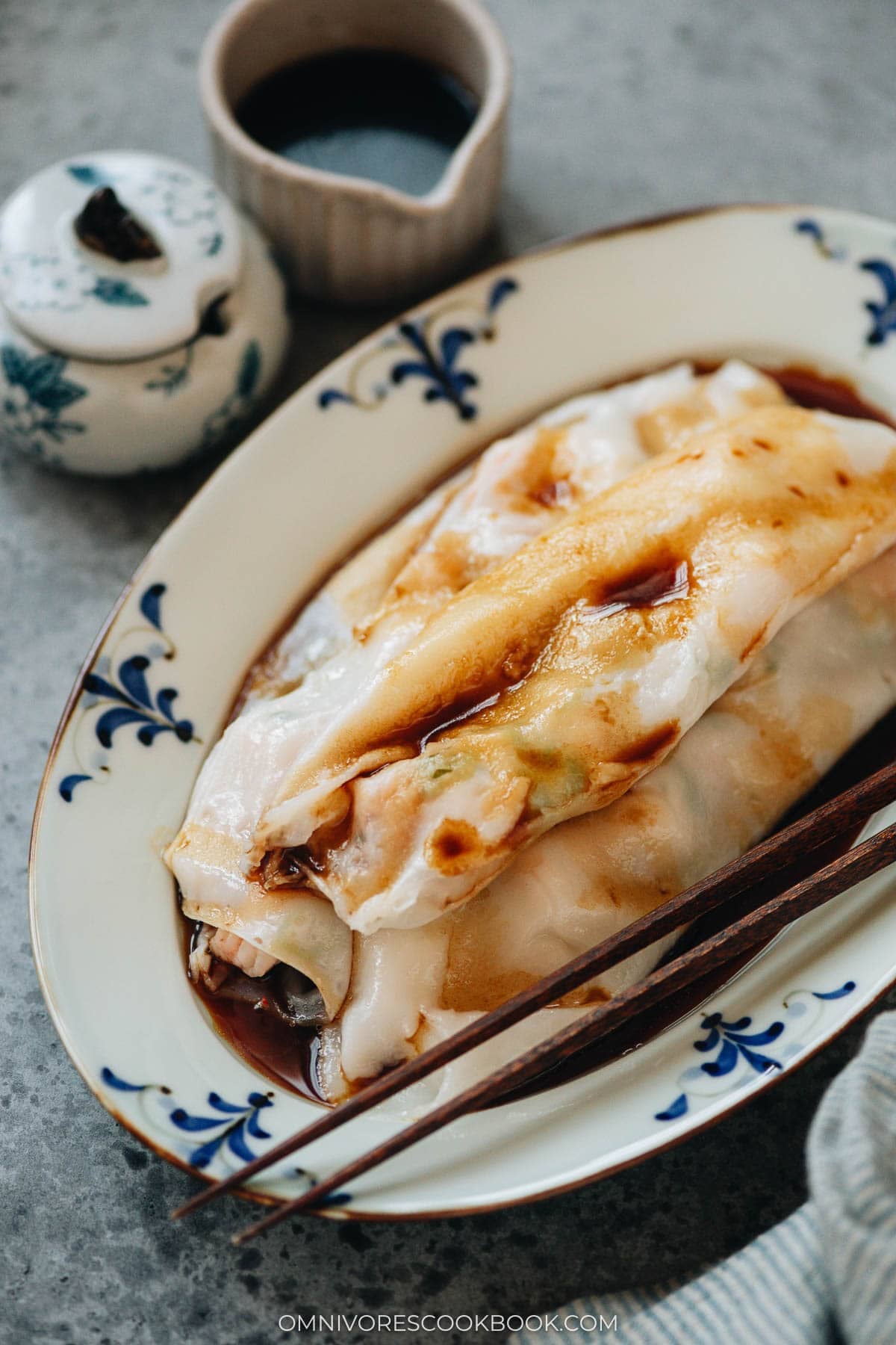 Shrimp cheung fun served on a plate close up