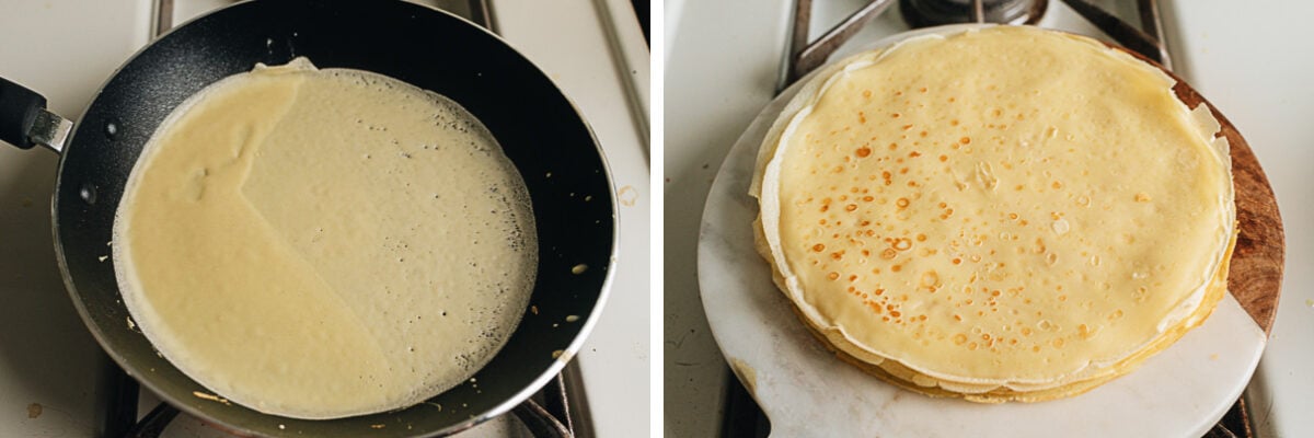 Cooking crepe for the crepe cake