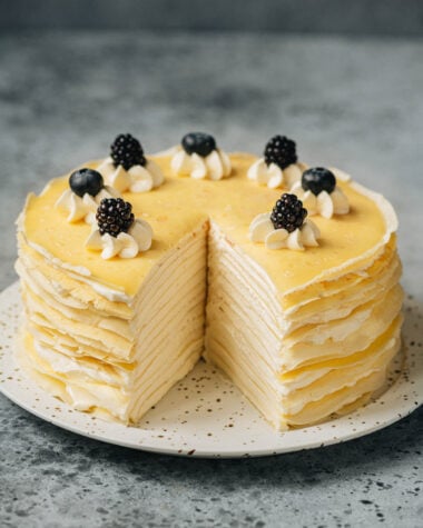 Crepe cake with a slice removed