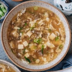 West Lake beef soup is a delicate and heart-warming dish that features tender beef, mushrooms, and tofu pieces made into a chicken broth based egg drop soup.