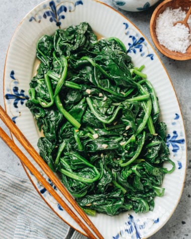 Homemade spinach stir fry served on a plate